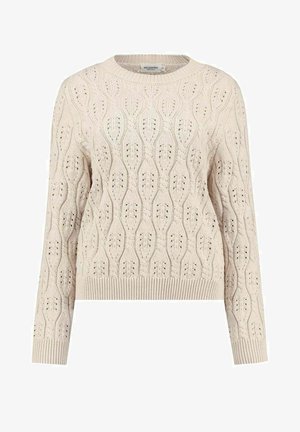 Beige cable-knit sweater with a round neckline, long sleeves, textured leaf pattern, and ribbed hem. Features open stitching accents.
