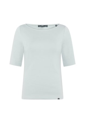 Chemise gris clair à manches courtes avec un large col rond, un ourlet droit et de petites étiquettes de marque noires sur le col et le bas.