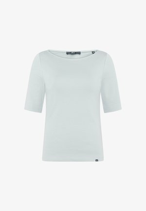 Chemise gris clair à manches courtes avec un large col rond, un ourlet droit et de petites étiquettes de marque noires sur le col et le bas.