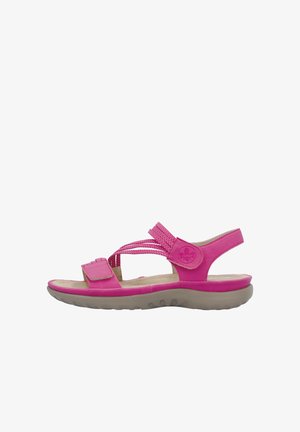 Sandale rose avec des lanières ajustables, semelle rembourrée et semelle flexible. Comprend un mélange de matériaux lisses et texturés.