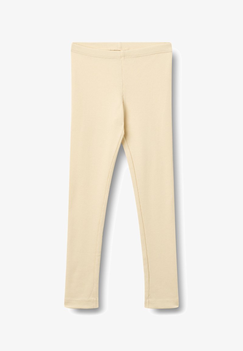 Leggings en maille côtelée de couleur crème, avec taille élastique, coupe slim et longueur totale, présentés sur un fond blanc.