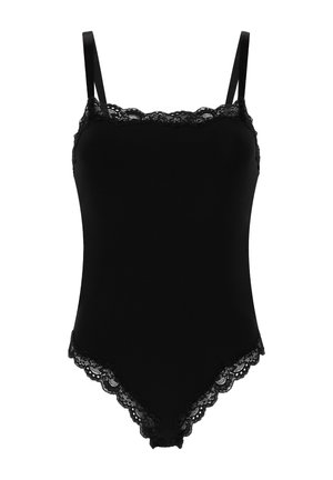 Sort bodysuit med justerbare spaghetti-stropper, blondekant langs udskæringen og benene samt en glat, tætsiddende pasform.