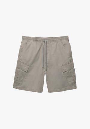 Bež kratke hlače od pamuka s elastičnim pojasom i vezicom, koje imaju dva bočna džepa i dva veća cargo džepa.