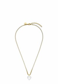 Gouden ketting met een delicate schakel en een heldere hartbedel. Heeft kleine heldere stenen langs de ketting voor extra detail.