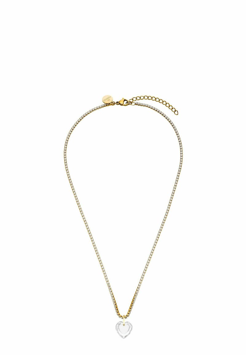 Gouden ketting met een delicate schakel en een heldere hartbedel. Heeft kleine heldere stenen langs de ketting voor extra detail.