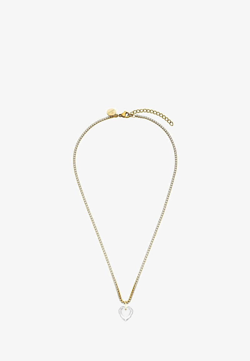 Goldfarbener Halsreif mit einer zarten Kette und einem klaren Herzanhänger. Besitzt kleine klare Steine entlang der Kette für zusätzliche Details.