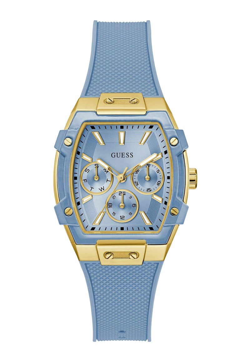 Orologio in silicone blu con cassa quadrata color oro, tre quadranti secondari, cinturino testurizzato e logo "GUESS" sul quadrante. Dettagli e lancette dorate.