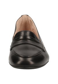 Schwarze Leder Slipper mit glatter Oberfläche, runder Zehenform und dekorativen stickverzierungen an der Vorderseite. Einheitliche Farbe und elegantes Design.