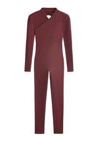 Bordó bordázott overall hosszú ujjal, átlapolt kialakítással a mellrészen és kulcslyuk kivágással a hátulján. Sima textúra.