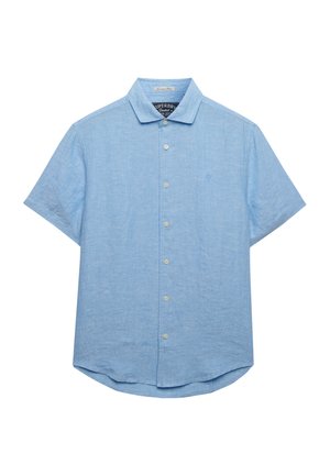 Light blue short-sleeve button-up shirt with a classic collar, seven buttons down the front, and subtle texture in the fabric.