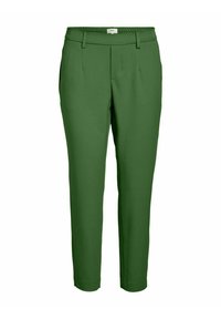 Pantalon vert à coupe fuselée avec une ceinture élastique, des passants pour ceinture et des poches avant, conçu pour une tenue décontractée ou semi-formelle.