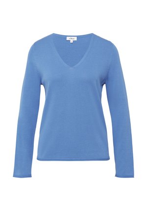 Blaues langärmliges V-Ausschnitt-Sweatshirt aus weichem, leichtem Stoff. Es hat ein einfaches Design mit geradem Saum und minimalen Nähdetails.