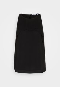 Blouse noire sans manches avec détail superposé sur le devant et encolure ronde sur fond blanc.