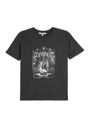 Zwart katoenen T-shirt met een witte grafische print van een gitaar met vleugels, omrand door sierlijke ontwerpen en het woord "VRIJHEID." Normale pasvorm.