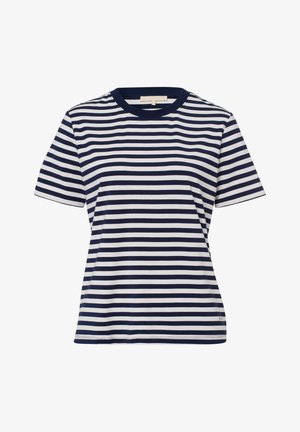 Camiseta de manga corta a rayas en azul marino y blanco, hecha de algodón suave, con cuello redondo y dobladillo recto. Textura suave, diseño casual.