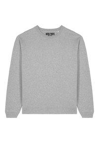 Felpa grigia con colletto rotondo realizzata in tessuto morbido. Presenta maniche lunghe, polsini e orlo a coste, e un design minimalista, con logo sul colletto.