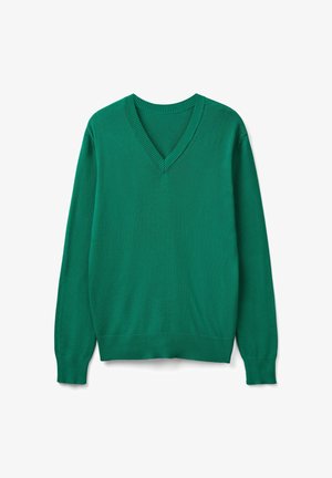Grüner V-Ausschnitt-Pullover mit langen Ärmeln, Rippbündchen an den Ärmeln und Saum, flach auf weißem Hintergrund ausgelegt.