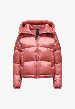 Giacca imbottita rosa con cappuccio, dotata di zip frontale, polsini elasticizzati e cuciture orizzontali. Tessuto lucido e morbido.