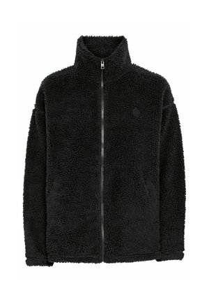 Zwarte fleecejack met hoge kraag, volledige rits en een getextureerd, zacht oppervlak. Heeft zijzakken en een minimale merkdetail.