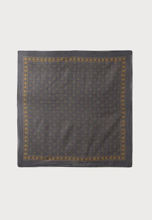 Foulard carré gris foncé avec un petit motif floral jaune et une bordure florale jaune sur tous les côtés.
