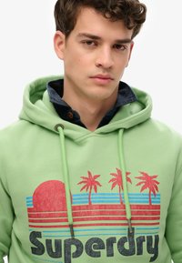 Sudadera verde con cordón, que presenta un estampado gráfico de un sol y palmeras en rojo y azul. La tela parece suave con un diseño casual.