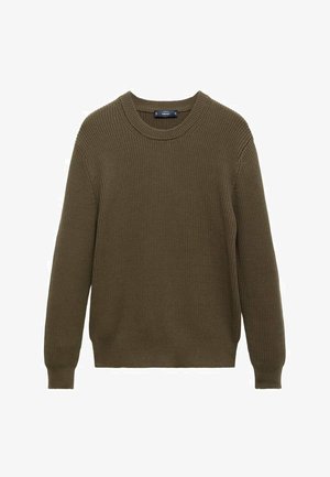 Oliven grøn ribbet sweater med rund halsudskæring, lange ærmer og et struktureret strikkemønster. Standard pasform med en fleksibel kant og manchetter.