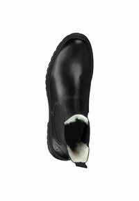 Bottines noires en cuir avec une finition lisse, des panneaux latéraux élastiques et une doublure blanche douce. Bout rond et semelle en caoutchouc texturée.