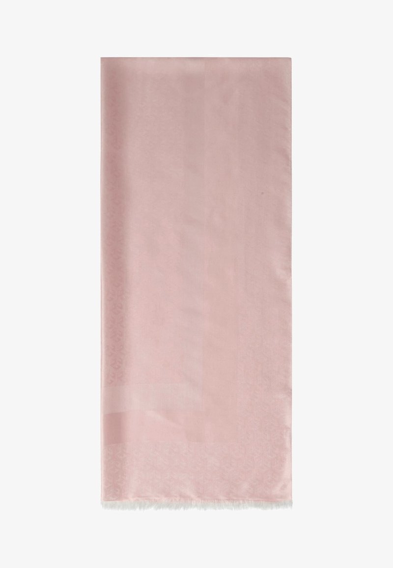 Écharpe rectangulaire rose pâle avec des motifs ton sur ton subtils et des bords frangés, présentée à plat sur fond blanc.