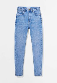Dunne blauwe denim jeans met hoge taille. Licht gewassen met subtiele vervaging en lichte slijtage-details. Klassiek vijf-pocket ontwerp, metalen knoop.