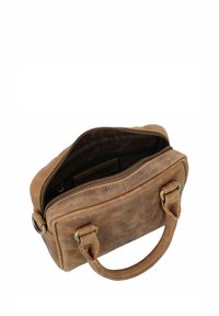 Sac à main en cuir marron avec fermeture éclair, de forme rectangulaire, à deux poignées, et une finition douce et texturée. L'intérieur présente une doublure sombre.