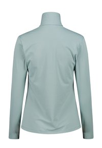 Pitkähihainen paita vaaleanvihreästä kankaasta, jossa on sileä tekstuuri ja korkea kaulus. Paidassa on muotoiltu malli sekä siistit saumat helmassa ja hihansuissa.