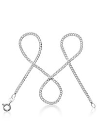Silberne Metallkette mit ovalen Gliedern, ausgestattet mit einem Karabinerhaken und einer glatten, glänzenden Oberfläche. Das Design ist schlicht und flexibel.