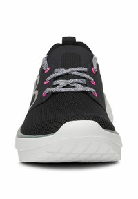 Black mesh sneaker with a textured upper, white sole, and gray laces featuring pink accents. Includes a prominent logo on the side.