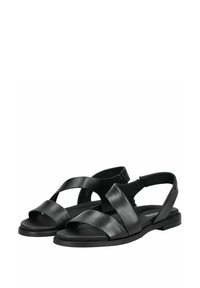 Paire de sandales plates en cuir noir à bout ouvert, avec deux larges brides et une bride arrière élastique, sur fond blanc.