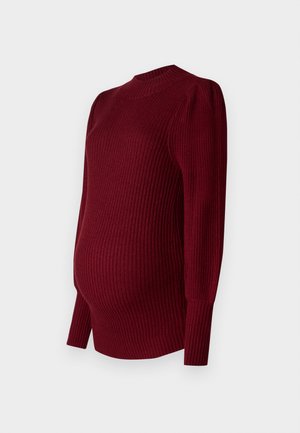 Burgundy ribbed maternity sweater with long sleeves, high neckline, and slight puff detailing at shoulders, designed for comfort and fit.