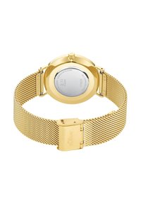 Goldener Edelstahl-Uhren mit einem Mesh-Armband, runder Gehäuseform und glattem Ring. Verfügt über einen Druckverschluss und einen polierten Rückendeckel.