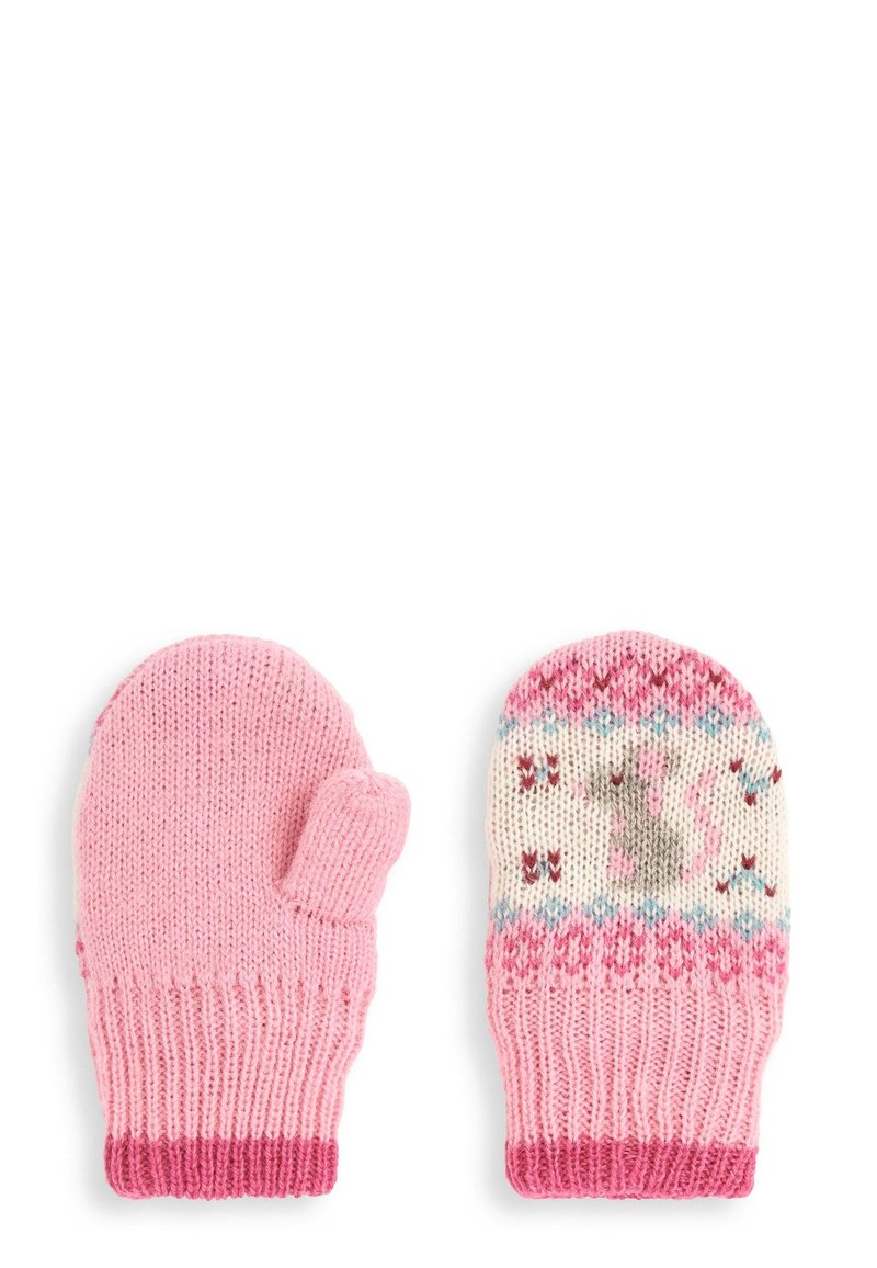Rosa gestrickte Handschuhe mit Daumenloch, ausgestattet mit einem cremefarbenen gemusterten Oberteil mit einem Hasenmuster und kontrastierenden rosa Bündchen. Weiche Textur.