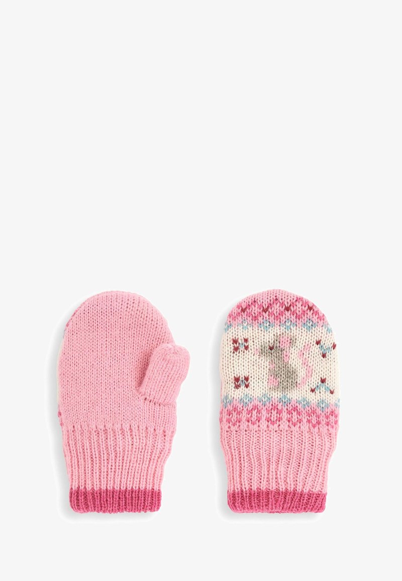 Moufles en tricot rose avec un trou pour le pouce, présentant un haut crème à motif de lapin et des poignets roses contrastés. Texture douce.