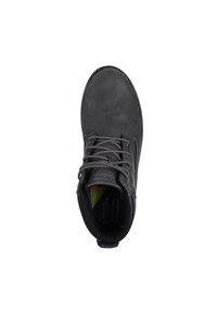 Botín negro impermeable hasta el tobillo con un exterior de cuero suave, punta redonda y diseño de cordones, con acentos grises y un cuello acolchado.