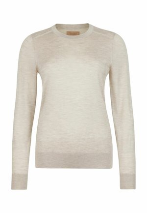 Beiger Langarmpullover mit Rundhalsausschnitt, gerippten Bündchen und Saum, aus feinem Strickstoff gefertigt.