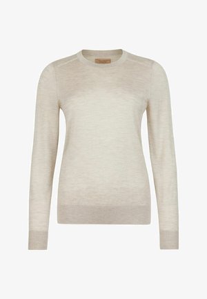 Beiger Langarmpullover mit Rundhalsausschnitt, gerippten Bündchen und Saum, aus feinem Strickstoff gefertigt.