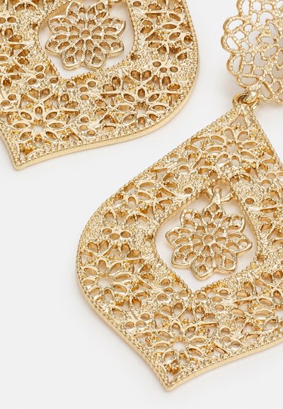 Gold-tone metal earrings with intricate floral lace patterns, featuring a teardrop shape and a central flower accent for added detail.
