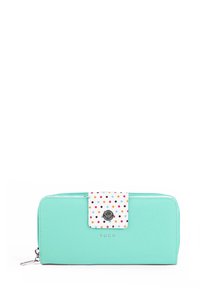 Mint green wallet with a polka dot flap closure, silver hardware, and a stitched texture. Brand name "VUCH" embossed on the front.