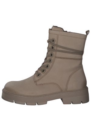 Stivale alla caviglia in pizzo color tan realizzato in materiale sintetico, con occhielli in metallo, colletto imbottito e suola in gomma testurizzata.