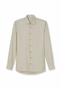 Beige Langarm-Hemd für Männer mit Knöpfen in Braun, spitzem Kragen und tailliertem Schnitt.
