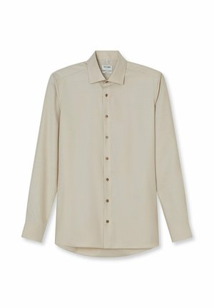 Beige Langarm-Hemd für Männer mit Knöpfen in Braun, spitzem Kragen und tailliertem Schnitt.