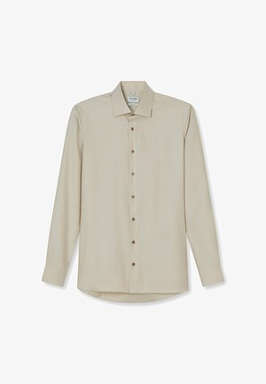 Beige Langarm-Hemd für Männer mit Knöpfen in Braun, spitzem Kragen und tailliertem Schnitt.