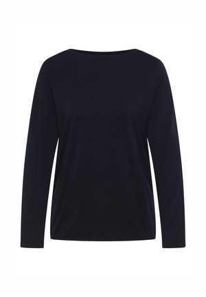 Chemise noire à manches longues avec un col rond et une coupe légèrement ample, présentée sur un fond blanc.