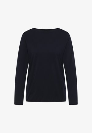 Zwarte T-shirt met lange mouwen, een ronde halslijn en een iets losse pasvorm, tegen een witte achtergrond weergegeven.