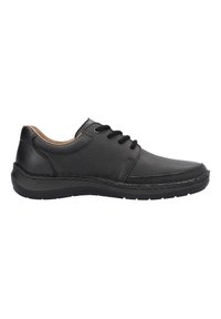 Black leather lace-up shoes with a textured finish, rounded toe, and stitching detail, featuring a cushioned sole for comfort.